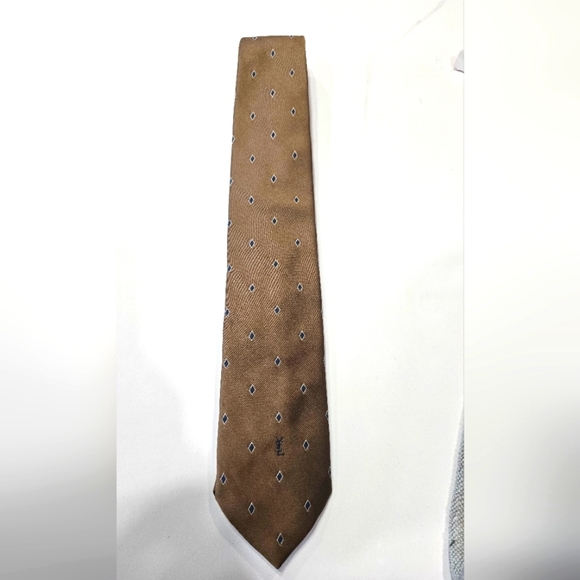 Vintage YVES SAINT LAURENT Brown  Diamond Silk Jacquard Tie - Picture 1 of 10